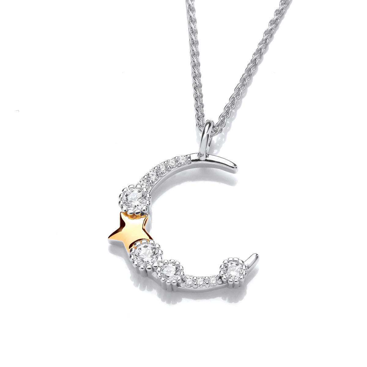 Silver, Gold Star & Cubic Zirconia Crescent Moon Pendant (With Chain)